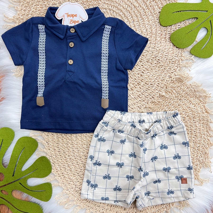 Conj. Camiseta Suspensório e Bermuda Bicicletas - Azul Marinho Conj. Camiseta Suspensório e Bermuda Bicicletas - Azul Marinho